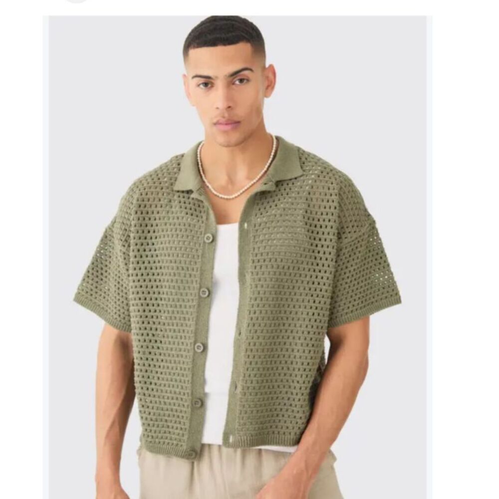 boohooMan Oversized Boxy Textured Open Stitch Knit Shirt- Khaki/sage Green NW XL